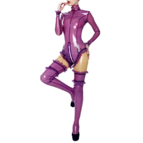 MCWJ 100% Latex Catsuit Gummi Frauen Spitzenbody mit Strumpf Lila 0.4mm Größe XXS-XXL,Lila,M von MCWJ