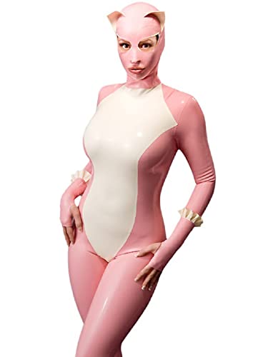 MCWJ 100% Latex Gummi Rubber Fiesth Catsuit Bodysuit 0.4mm Customizable Cat Ear Cosplay Clubwear,Pink,XL von MCWJ