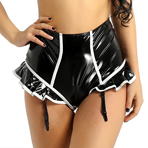 MCWJ Gummi Latex Latex Höschen Sexy Wet Look Kunstleder Höschen Reißverschluss Offener Schritt Hohe Taille Latex Shorts Clubwear,schwarz,M von MCWJ