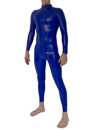 MCWJ Handmade Customize Blau Herren Latex Catsuit Gummi Zentai Fetisch Bodysuits mit Front DREI-Wege-Schritt-Reißverschluss,Blau,L von MCWJ