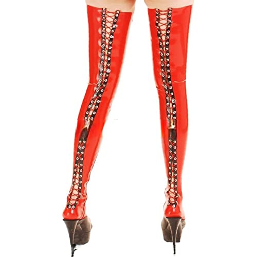 MCWJ Lange Latexstrümpfe mit Schnürung hinten Reißverschlüsse an den Seiten Gummi Oberschenkel hohe Strümpfe,XXL von MCWJ