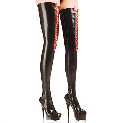 MCWJ Lange Latexstrümpfe mit Schnürung vorne Reißverschlüsse Gummi Oberschenkel hohe Strümpfe,XL von MCWJ