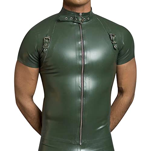 Olivgrünes, sexy Latex-T-Shirt mit Gürteln am Hals, Schulterklappen vorne, Reißverschlüsse vorne, Gummi, Kleidung, Kleidung, Oberteil, Schwarz, Herren M von MCWJ