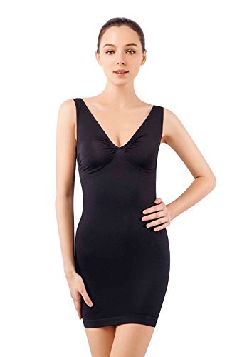 +MD Miederkleider für Damen Bodycon Kleid Unterröcke Unterkleid Full Slips Underskirt Unterrock Unterwäsche Nahtlose Nachtwäsche Nachtkleid SchwarzL von +MD