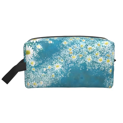 Aufbewahrungstasche mit Gänseblümchen-Motiv, kleine Make-up-Tasche für Geldbörse, Reise-Make-up-Tasche, Mini-Kosmetiktasche für Herren, Weiß / Blau, Weißes blaues Gänseblümchen, Einheitsgröße von MDATT