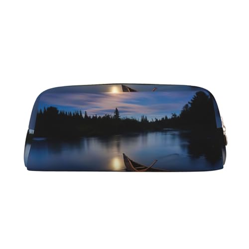 Federmäppchen mit Mondschein Kanu und Fluss, niedliches Federmäppchen aus Leder für Studenten, Reißverschlusstasche für Stifte, Bleistifte, Marker, gold, Einheitsgröße, Kosmetiktasche von MDATT