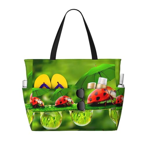 Funny Ladybug Holding Umbrellas Beach Bag Extra Large Beach Tote Bag Foldable Beach Bag For Sand Pool For Women Vacation Must, Schwarz , Einheitsgröße von MDATT