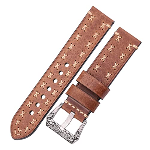 Handgefertigte Uhren mit Retro Edelstahlschnalle 22mm 24mm Männer Frauen Echtes Leder Uhrenbandband Gürtel Watch accessorie (Color : Brown, Size : 22mm) von MDATT