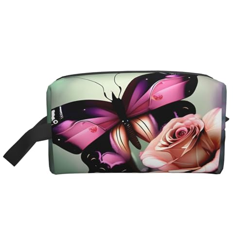 Kleine Make-up-Tasche für Geldbörse, Reise-Make-up-Tasche, Mini-Kosmetiktasche für Herren, Blume, Rose, Schmetterling, Einheitsgröße von MDATT