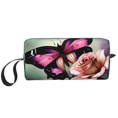 Kleine Make-up-Tasche für Geldbörse, Reise-Make-up-Tasche, Mini-Kosmetiktasche für Herren, Blume, Rose, Schmetterling, Einheitsgröße von MDATT