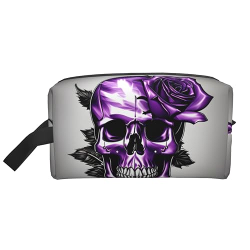 Kleine Make-up-Tasche für Geldbörse, Reise-Make-up-Tasche, Mini-Kosmetiktasche für Herren, Lila Rose und Totenkopf, Lila Rose und Totenkopf, Einheitsgröße von MDATT