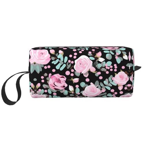 Kleine Make-up-Tasche für Geldbörse, Reise-Make-up-Tasche, Mini-Kosmetiktasche für Herren, Motiv: niedliche rosa Rosen, Niedlicher Leopardenmix mit rosa Rosen, Einheitsgröße von MDATT