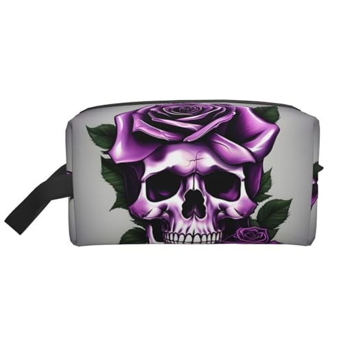 Kleine Make-up-Tasche für Geldbörse, Reise-Make-up-Tasche, Mini-Kosmetiktasche für Herren, Violett, Violetter Rosen-Totenkopf, Einheitsgröße von MDATT