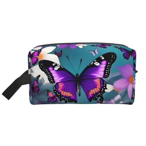 Kosmetiktasche für Damen, Motiv: Schmetterlinge und Blumen, kleine Make-up-Tasche für Geldbörse, Make-up-Tasche, Reise-Make-up-Tasche mit Reißverschluss, Violett, Lila Schmetterling und Blumen, von MDATT