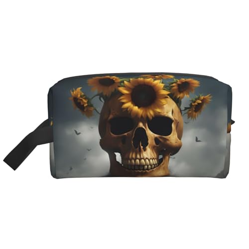 Kosmetiktasche für Damen, Motiv: Sonnenblumen-Halloween-Totenkopf, kleine Make-up-Tasche für Geldbörse, Make-up-Tasche, Reise-Make-up-Tasche mit Reißverschluss, Sonnenblumen-Halloween-Totenkopf, von MDATT