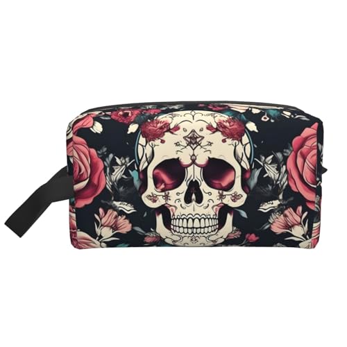 Kosmetiktasche für Damen, Motiv: Totenkopf, Ornament, kleine Make-up-Tasche für Geldbörse, Make-up-Tasche, Reise-Make-up-Tasche mit Reißverschluss, Blumenschädel-Ornamentmuster, Einheitsgröße von MDATT