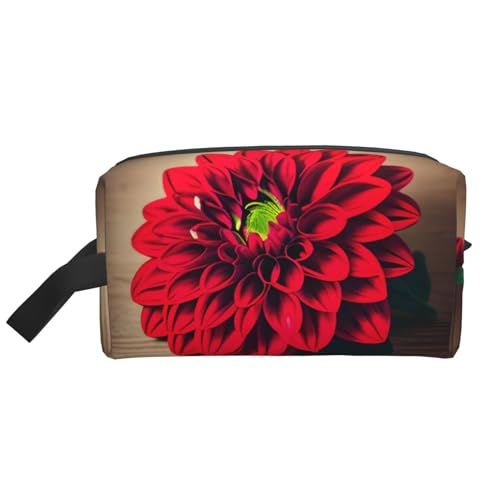 Kosmetiktasche mit Holzbrett, Retro-Blume, rote Dahlie, für Damen, kleine Make-up-Tasche für Geldbörse, Make-up-Tasche, Reise-Make-up-Tasche mit Reißverschluss, Holzbrett, Retro-Blume, rote Dahlie, von MDATT