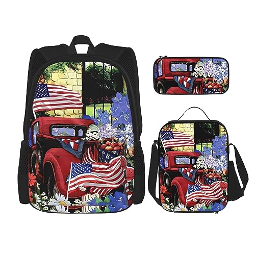 MDATT 4. Juli Patriotischer alter roter LKW-Rucksack für Mädchen, Büchertaschen, Schule mit Lunchbox und Federmäppchen, 3-in-1-Schultaschen-Set, 4. Juli Patriotischer Old Red Truck, Einheitsgröße von MDATT