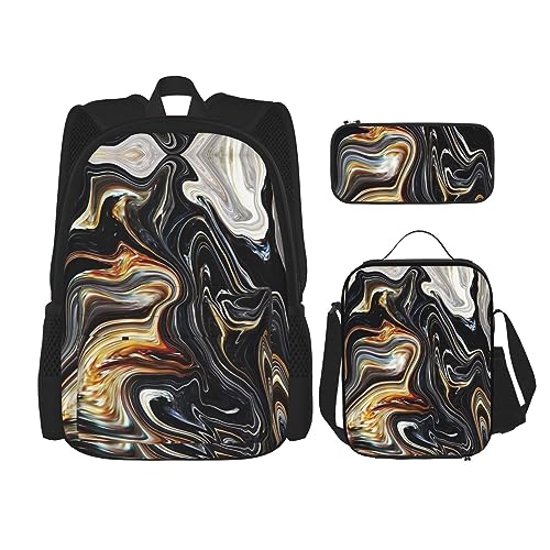 MDATT Abstrakte Wissenschaft Chemie Illustration 3D Rucksack für Mädchen Büchertaschen Schule mit Lunchbox und Federmäppchen 3 in 1 Schultaschen Set, Abstrakte Marmor-Tinte, Einheitsgröße von MDATT