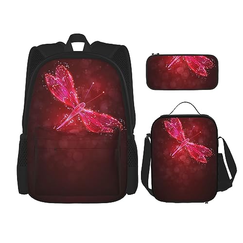 MDATT Abstrakte Wissenschaft Chemie Illustration 3D Rucksack für Mädchen Büchertaschen Schule mit Lunchbox und Federmäppchen 3 in 1 Schultaschen Set, Abstrakte rote Libelle, Einheitsgröße von MDATT