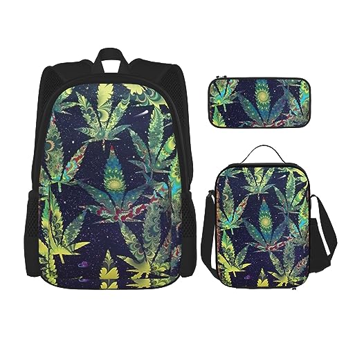 MDATT Abstrakte Wissenschaft Chemie Illustration 3D Rucksack für Mädchen Büchertaschen Schule mit Lunchbox und Federmäppchen 3 in 1 Schultaschen Set, Ein Puff in Time Weed, Einheitsgröße von MDATT