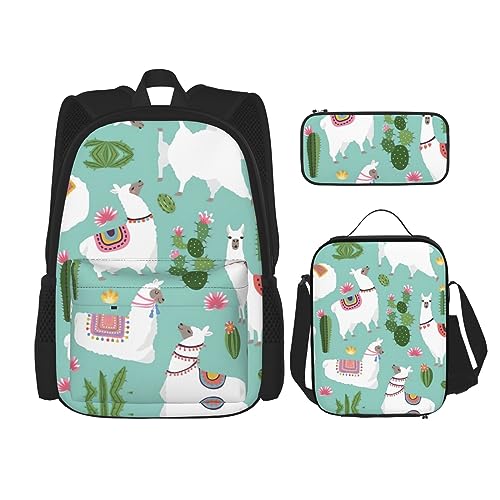 MDATT American Camouflage Lila Rucksack für Mädchen Büchertaschen Schule mit Lunchbox und Federmäppchen 3 in 1 Schultaschen Set, Alpaka Kaktus Blume, Einheitsgröße von MDATT