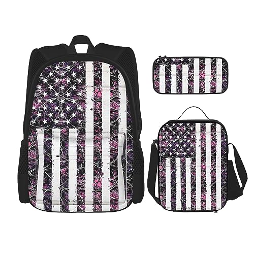 MDATT American Camouflage Lila Rucksack für Mädchen Büchertaschen Schule mit Lunchbox und Federmäppchen 3 in 1 Schultaschen Set, American Camouflage lila, Einheitsgröße von MDATT