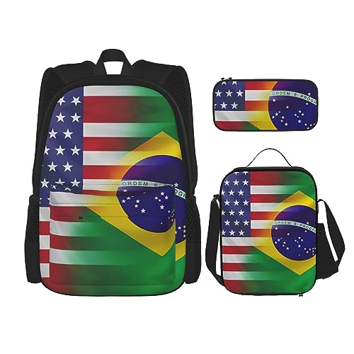 MDATT American Camouflage Lila Rucksack für Mädchen Büchertaschen Schule mit Lunchbox und Federmäppchen 3 in 1 Schultaschen Set, Amerikanische und brasilianische Flaggen, Einheitsgröße von MDATT