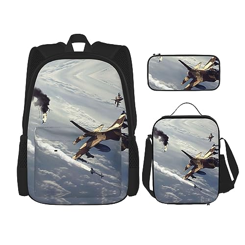 MDATT American Camouflage Lila Rucksack für Mädchen Büchertaschen Schule mit Lunchbox und Federmäppchen 3 in 1 Schultaschen Set, Flugzeuge, Einheitsgröße von MDATT