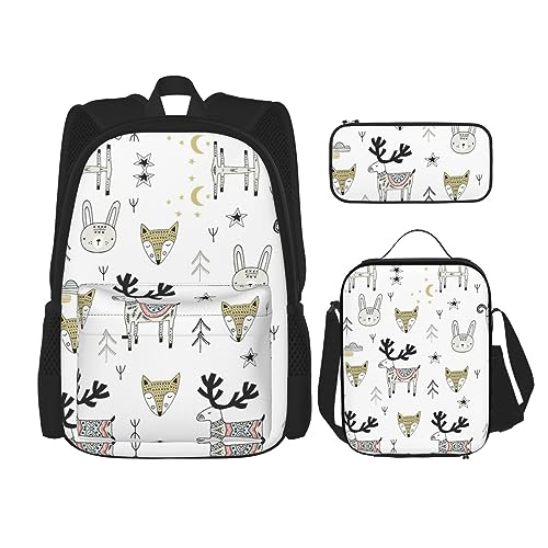 MDATT Antike Gebäude Rucksack für Mädchen Büchertaschen Schule mit Lunchbox und Federmäppchen 3 in 1 Schultaschen Set, Tier Kaninchen Fuchs Hirsch, Einheitsgröße von MDATT