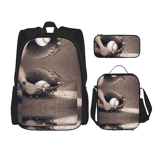 MDATT Baseball- und Handschuh-Rucksack für Mädchen, Büchertaschen, Schule mit Lunchbox und Federmäppchen, 3-in-1-Schultaschen-Set, Baseball und Handschuh, Einheitsgröße von MDATT