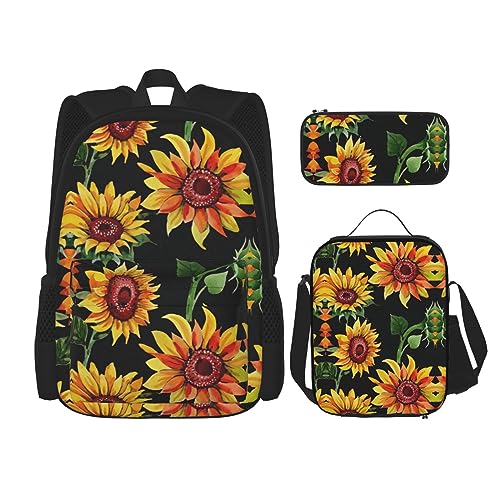 MDATT Beauty Grand Canyon Rucksack für Mädchen Büchertaschen Schule mit Lunchbox und Federmäppchen 3 in 1 Schultaschen Set, Schöne Sonnenblumen, Einheitsgröße von MDATT