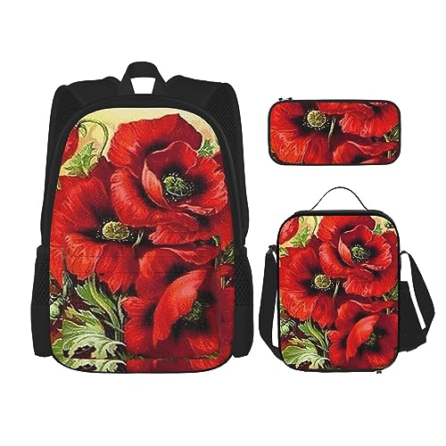 MDATT Beauty Grand Canyon Rucksack für Mädchen Büchertaschen Schule mit Lunchbox und Federmäppchen 3 in 1 Schultaschen Set, Schöne rote Mohnblume., Einheitsgröße von MDATT