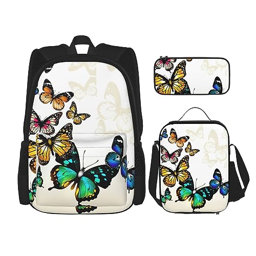 MDATT Beauty Grand Canyon Rucksack für Mädchen Büchertaschen Schule mit Lunchbox und Federmäppchen 3 in 1 Schultaschen Set, Schöner grüner und gelber Schmetterling, Einheitsgröße von MDATT
