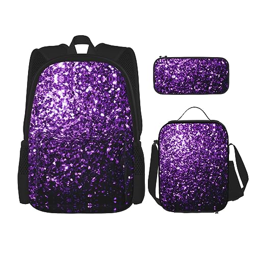 MDATT Beauty Grand Canyon Rucksack für Mädchen Büchertaschen Schule mit Lunchbox und Federmäppchen 3 in 1 Schultaschen Set, Schöner violetter Glitzer, Einheitsgröße von MDATT