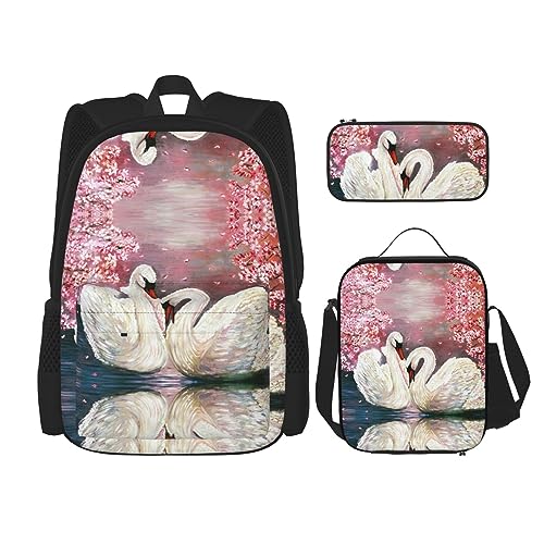 MDATT Deutschland Flagge Rucksack für Mädchen Büchertaschen Schule mit Brotdose und Federmäppchen 3 in 1 Schultaschen Set, Weiße Schwäne mit rosa Blumenbaum, Einheitsgröße von MDATT