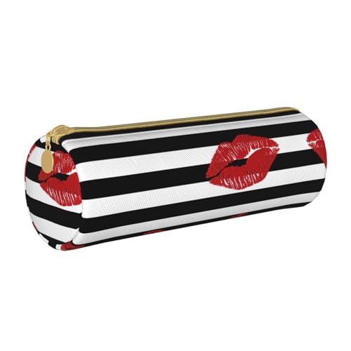 MDATT Federmäppchen, Motiv: Lippen, bedruckt mit schwarzen und weißen Streifen, Mehrzweck-Schreibwaren-Tasche für Schüler, weiß, Einheitsgröße, Taschen-Organizer von MDATT