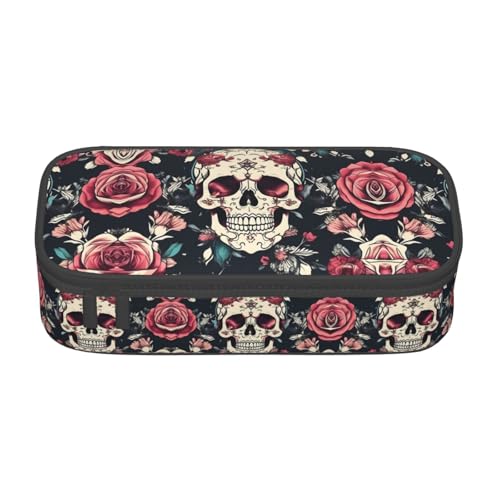 MDATT Federmäppchen mit Blumen-Totenkopf-Ornament-Muster, Federmäppchen mit mehreren Schlitzen, niedliches tragbares Stifteetui, Stifteetui für Schule, Büro, Schwarz , Einheitsgröße, Taschen-Organizer von MDATT
