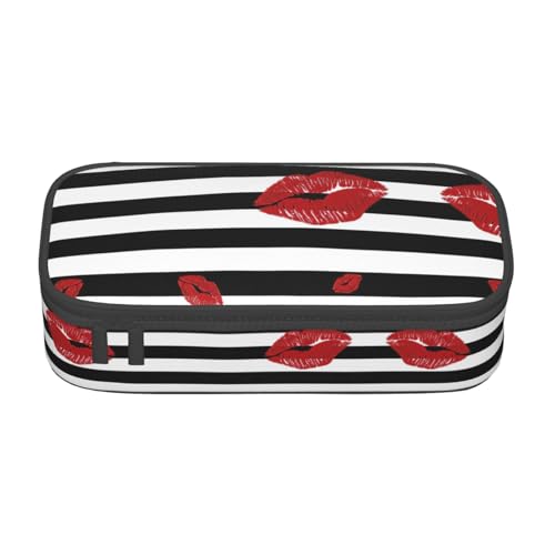 MDATT Federmäppchen mit Lippen-Aufdruck in Schwarz und Weiß gestreift, mehrere Schlitze, niedliches tragbares Stifteetui, Stifteetui für Schule, Büro, Schwarz , Einheitsgröße, Taschen-Organizer von MDATT