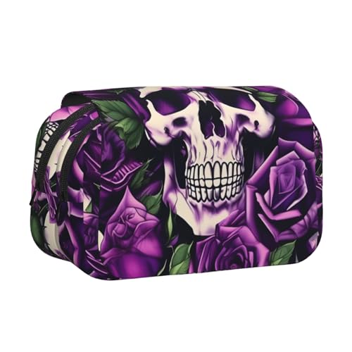 MDATT Federmäppchen mit violettem Rosen-Schädel-Aufdruck, für Erwachsene, langlebige Stifte-Tragetasche, Schwarz , Einheitsgröße, Taschen-Organizer von MDATT