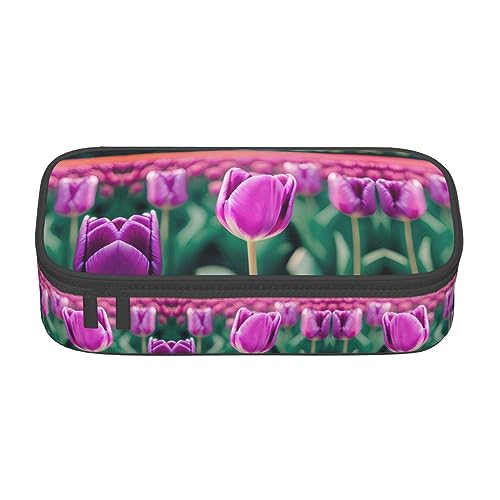 MDATT Federmäppchen mit violettem Tulpenmuster, großes Fassungsvermögen, Federmäppchen mit 4 Fächern, für Damen und Herren von MDATT