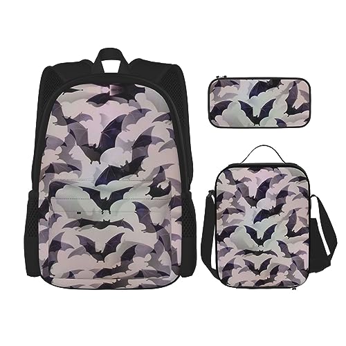 MDATT Flying Bees Daisy Honey Rucksack für Mädchen Büchertaschen Schule mit Lunchbox und Federmäppchen 3 in 1 Schultaschen Set, Halloween Fledermäuse grau, Einheitsgröße von MDATT