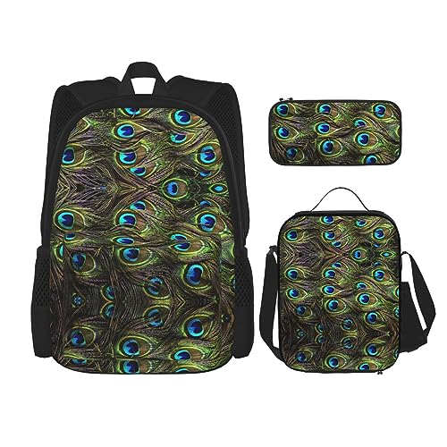 MDATT Frischer Pfau Rucksack für Mädchen Büchertaschen Schule mit Lunchbox und Federmäppchen 3 in 1 Schultaschen Set, Frischer Pfau, Einheitsgröße von MDATT