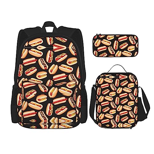 MDATT Frischer Pfau Rucksack für Mädchen Büchertaschen Schule mit Lunchbox und Federmäppchen 3 in 1 Schultaschen Set, Lustiges Essen Hot Dogs, Einheitsgröße von MDATT