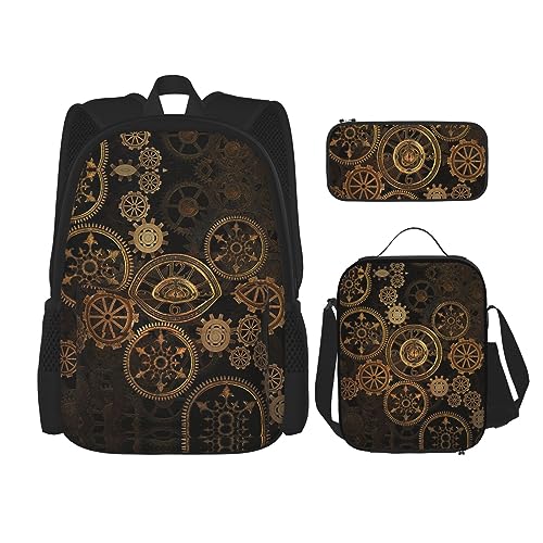 MDATT Galaxy Stars Rucksack für Mädchen Büchertaschen Schule mit Lunchbox und Federmäppchen 3 in 1 Schultaschen Set, Gears Clock Bronze Century, Einheitsgröße von MDATT