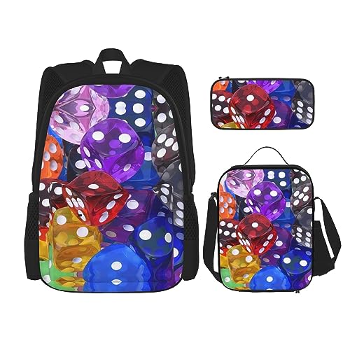 MDATT Galaxy Stars Rucksack für Mädchen Büchertaschen Schule mit Lunchbox und Federmäppchen 3 in 1 Schultaschen Set, Spiele Würfel-Set, Einheitsgröße von MDATT