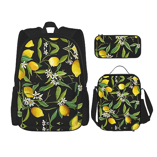 MDATT Gitter Rucksack für Mädchen Büchertaschen Schule mit Lunchbox und Federmäppchen 3 in 1 Schultaschen Set, Zitrone und Blume, Einheitsgröße von MDATT