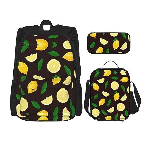MDATT Gitter Rucksack für Mädchen Büchertaschen Schule mit Lunchbox und Federmäppchen 3 in 1 Schultaschen Set, Zitronenfrucht, Einheitsgröße von MDATT