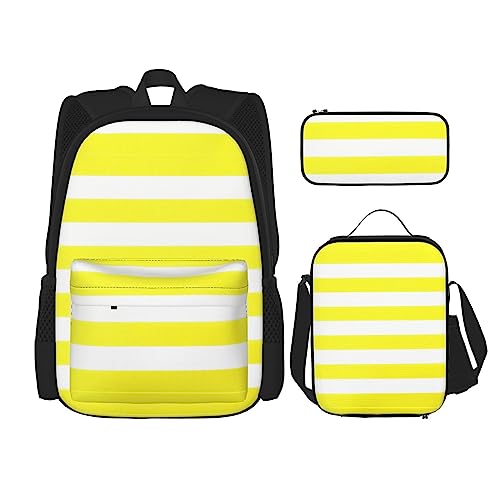 MDATT Gitter Rucksack für Mädchen Büchertaschen Schule mit Lunchbox und Federmäppchen 3 in 1 Schultaschen Set, Zitronengelb gestreiftes Muster, Einheitsgröße von MDATT