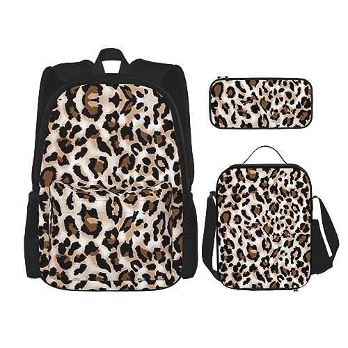 MDATT Gitter Rucksack für Mädchen Büchertaschen Schule mit Lunchbox und Federmäppchen 3 in 1 Schultaschen Set, leopardenmuster, Einheitsgröße von MDATT
